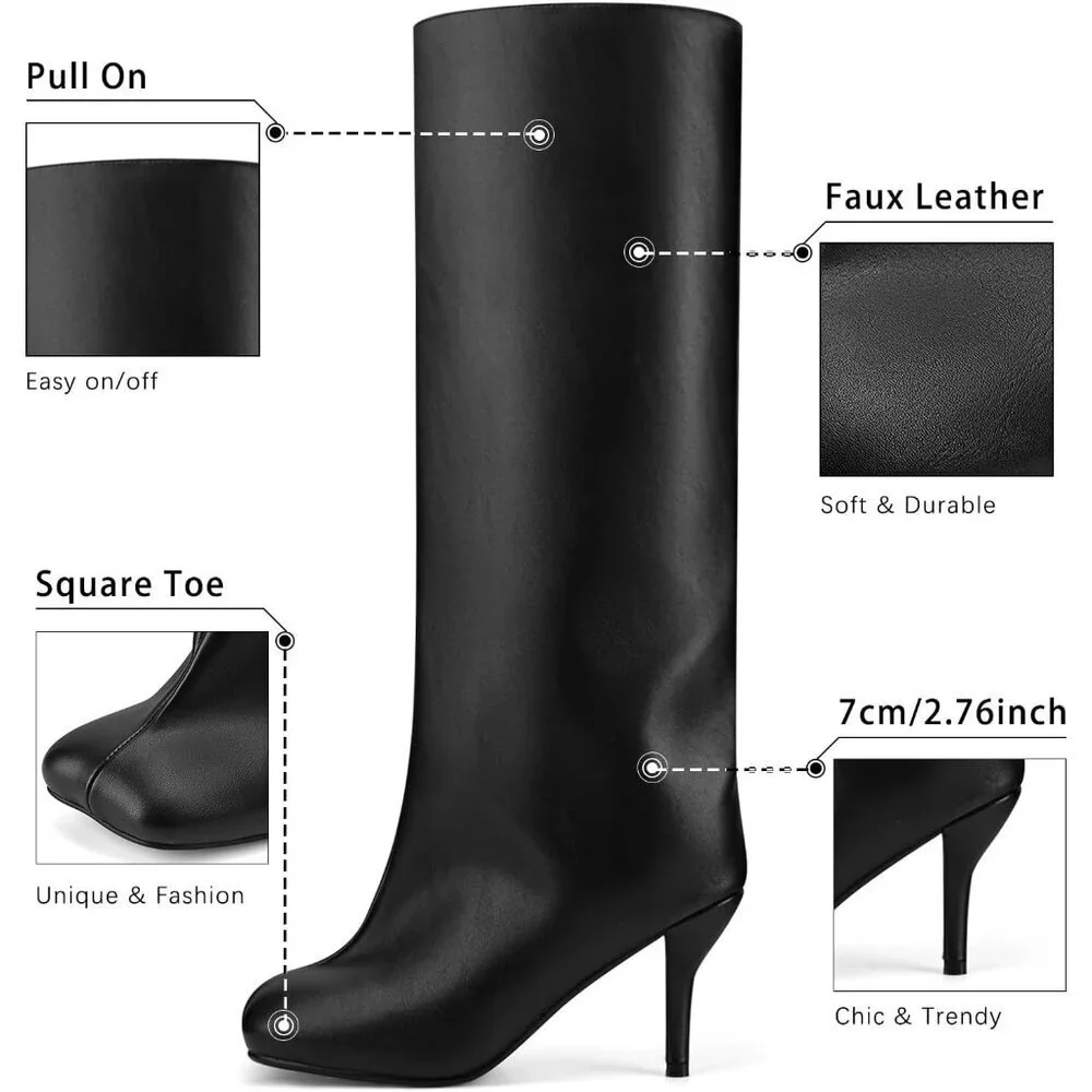 Women's Black Pu Wide Calf Square Toe Stiletto Heels Knee High Suede Boots